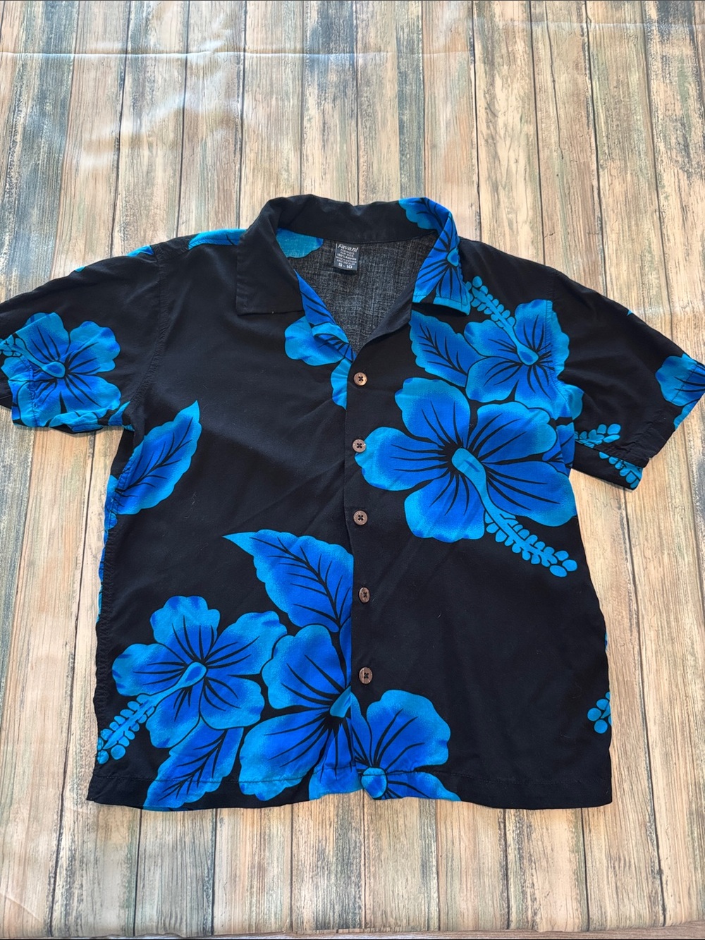 Kids' Black Hawaiian Shirt with Blue Floral Print (Sz: 10)